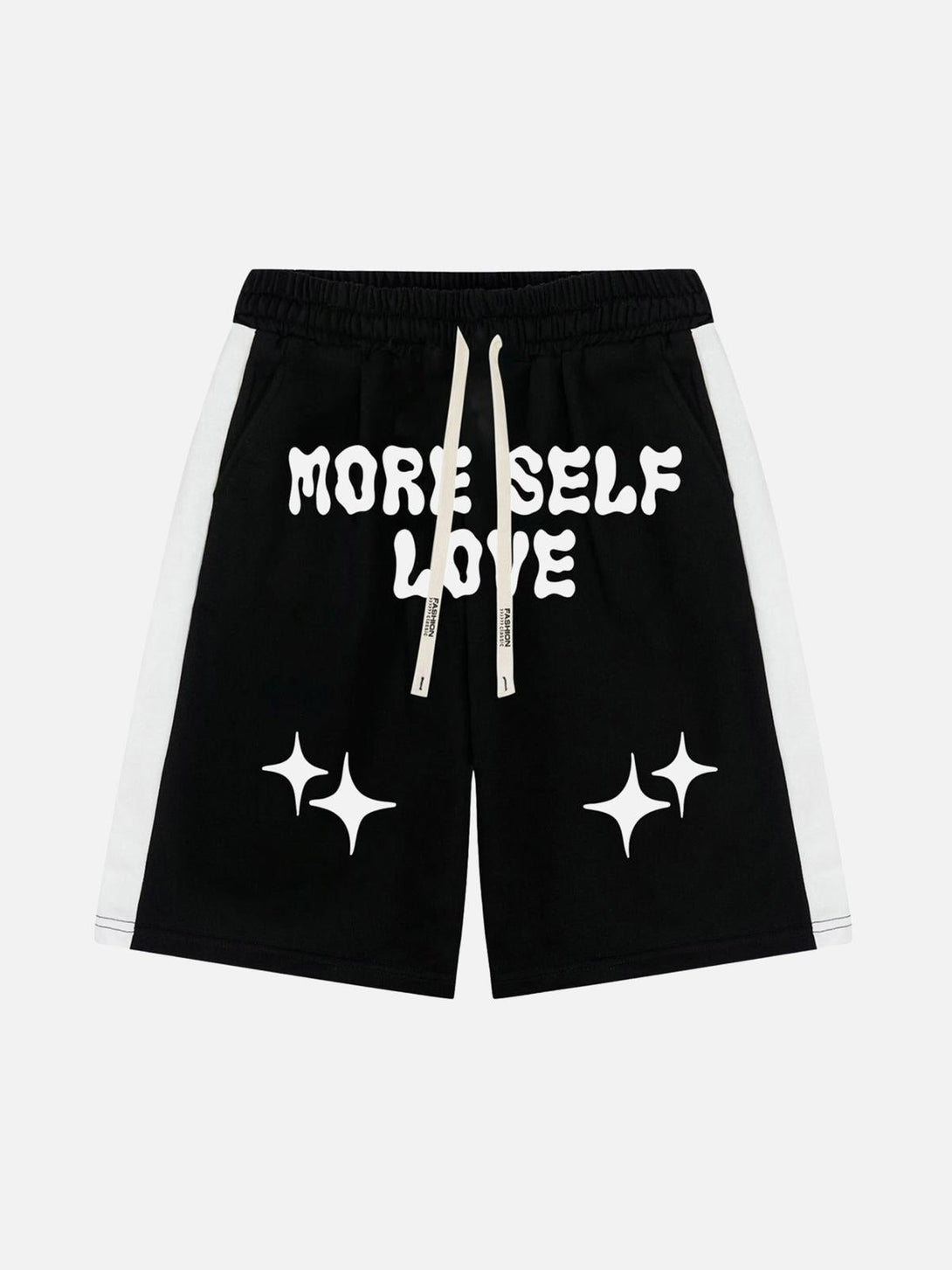 Front view of black TALISHKO shorts with "More Self Love" print, ideal for relaxed styling.