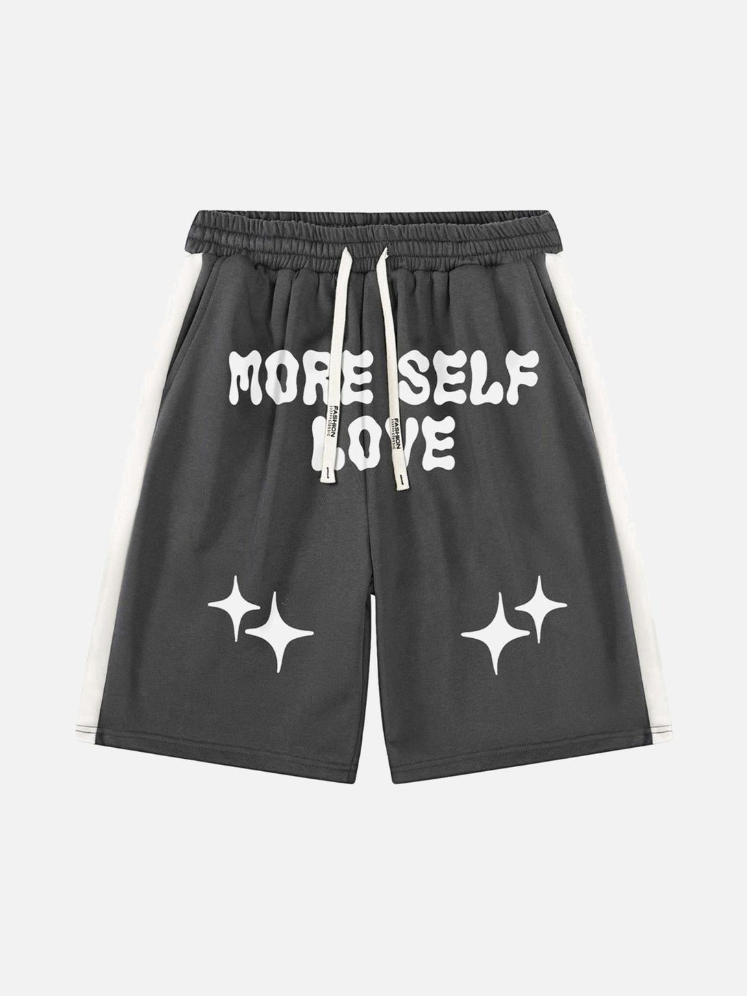 Front view of gray TALISHKO shorts with "More Self Love" print, featuring a casual vibe.
