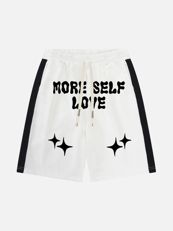 White casual shorts with "More Self Love" print by TALISHKO, front view, perfect for summer vibes.