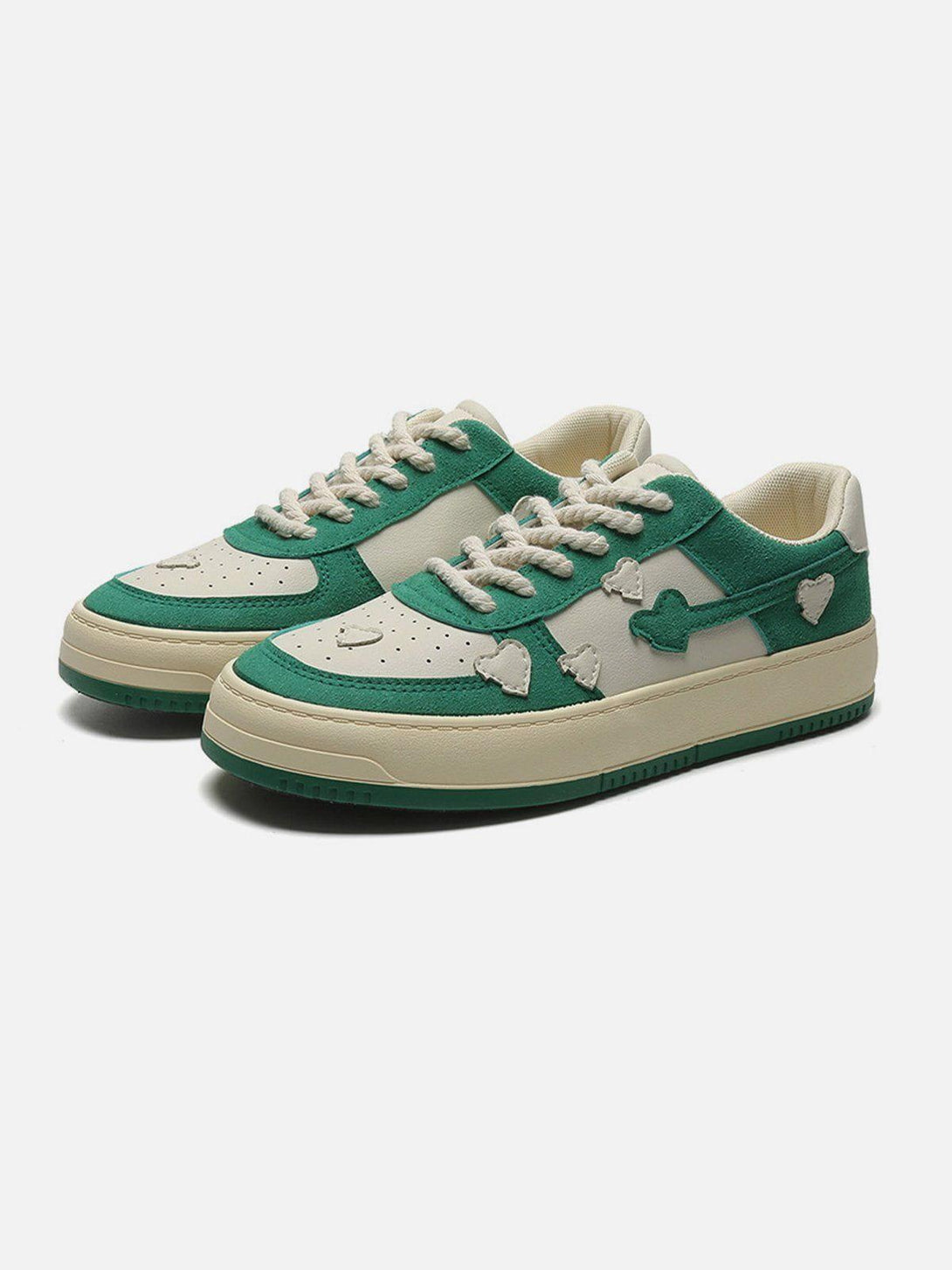 Front view of TALISHKO casual shoes in green with heart accents, ideal for stylish streetwear.