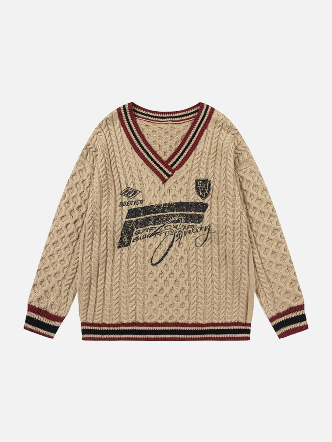 Khaki V-neck sweater by TALISHKO with cable knit texture and bold lettering, front view.