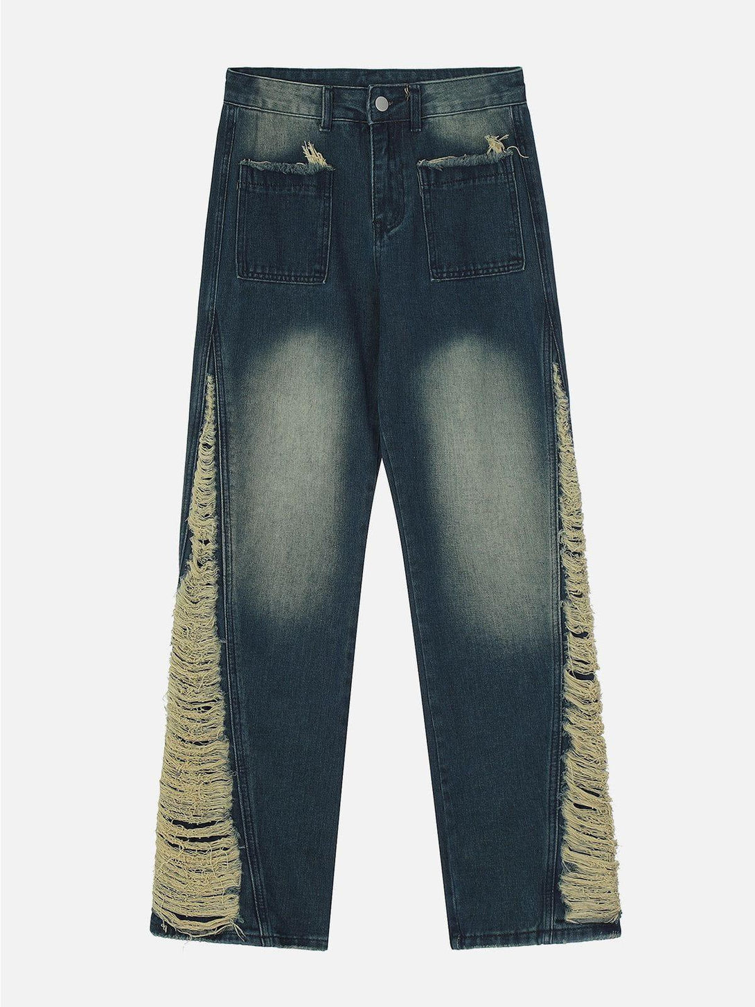 Front view of blue jeans with side embroidery detail by TALISHKO, showcasing a trendy style.