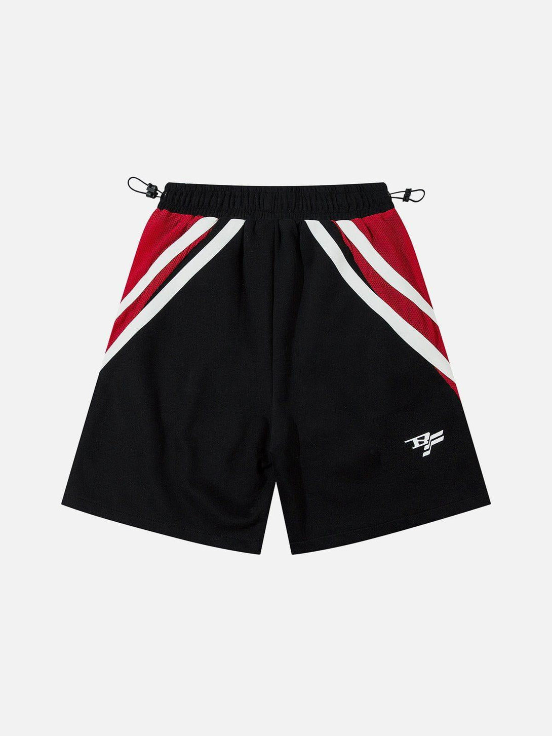 Front view of TALISHKO colorblock striped shorts in black and red, perfect for casual outings.