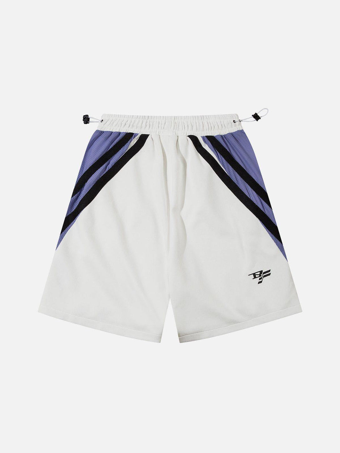 Front view of TALISHKO colorblock striped shorts in white and purple, ideal for warm weather.