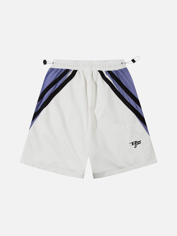 Front view of TALISHKO colorblock striped shorts in white and purple, ideal for warm weather.