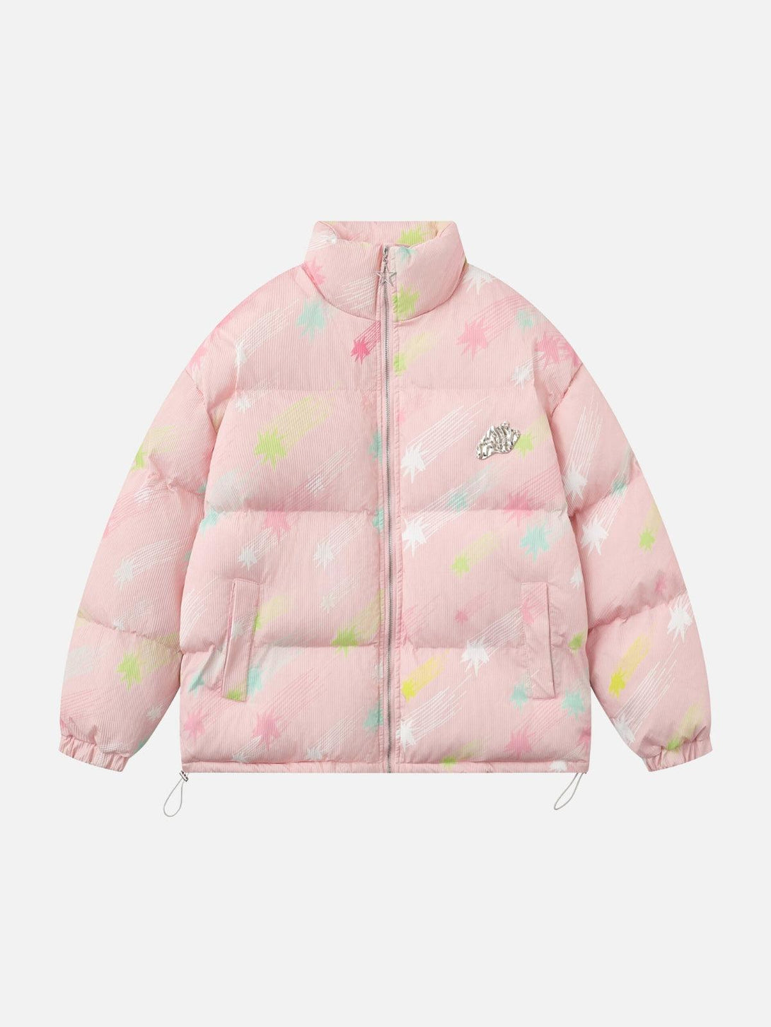 Front view of a pink Colorburst cotton coat by TALISHKO, featuring a playful, colorful pattern.