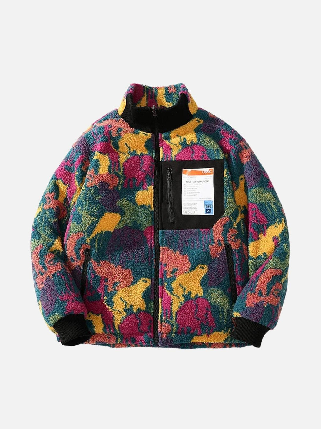 Colorful animal print jacket by TALISHKO, front view, showcasing vibrant hues and cozy texture.