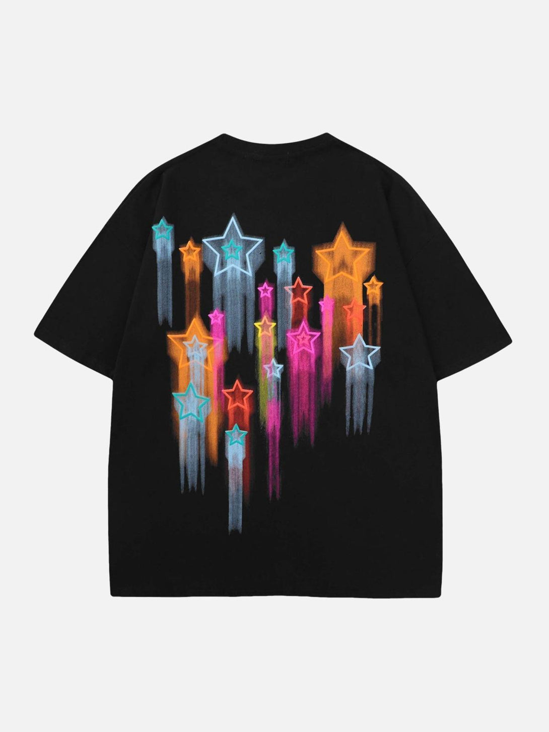 Back view of TALISHKO's black T-shirt with vibrant, colorful star print for a playful look.
