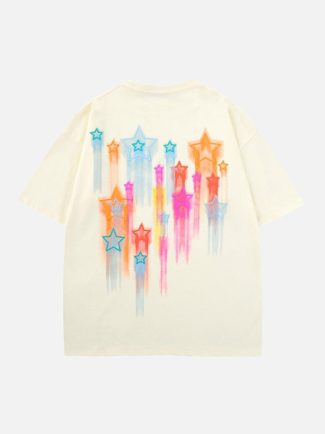 Back view of TALISHKO's white T-shirt featuring a vibrant star print in various colors.