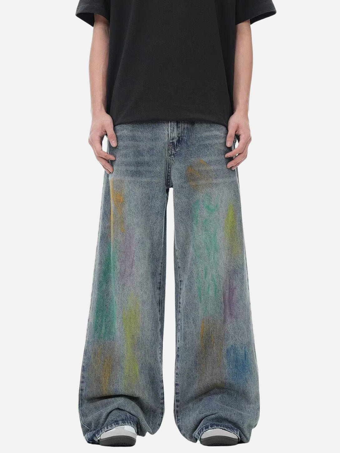 TALISHKO colorful graffiti jeans in blue, front view, showcasing vibrant street style.
