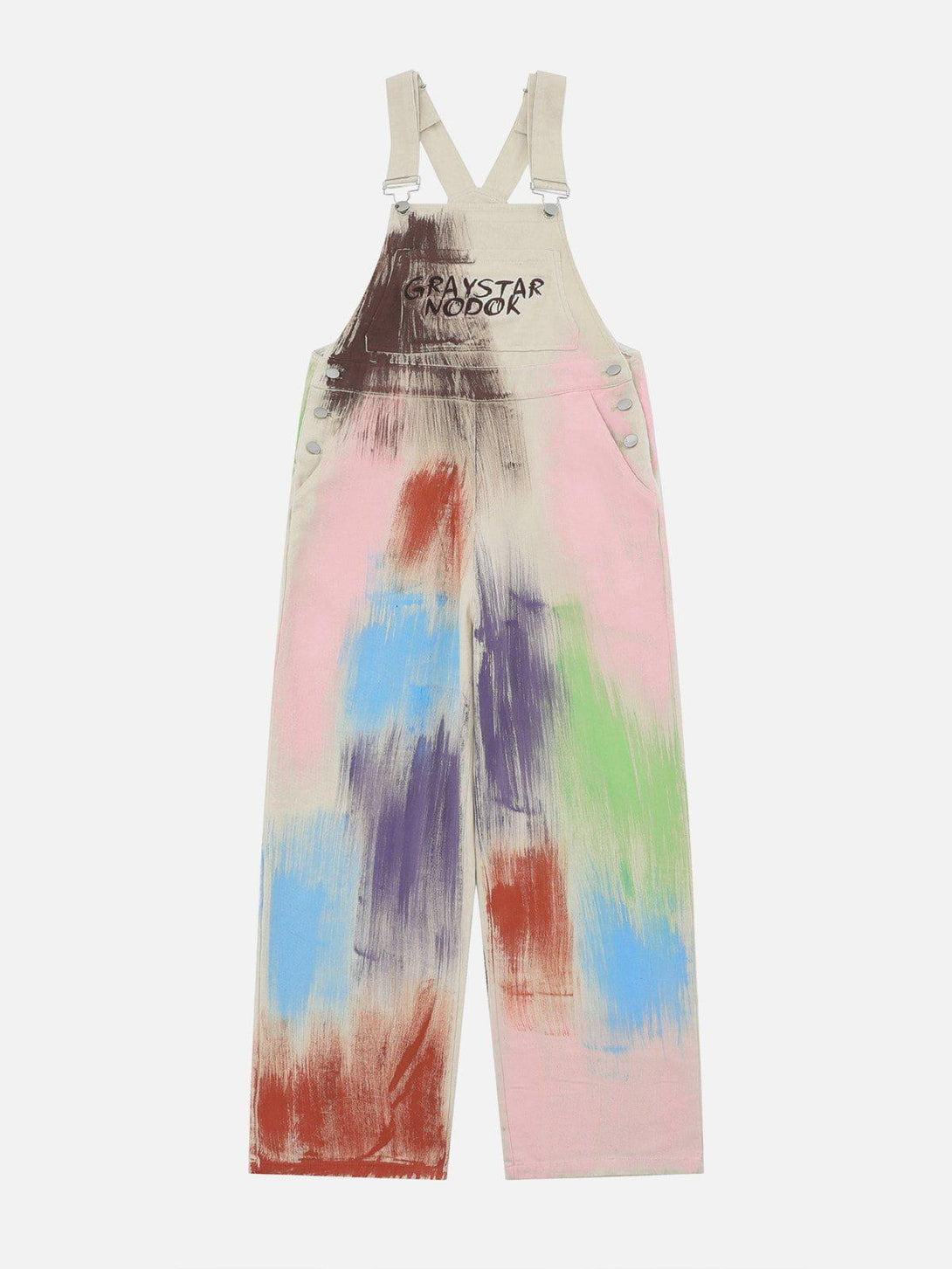 Front view of colorful graffiti overalls by TALISHKO, featuring vibrant brushstroke patterns.