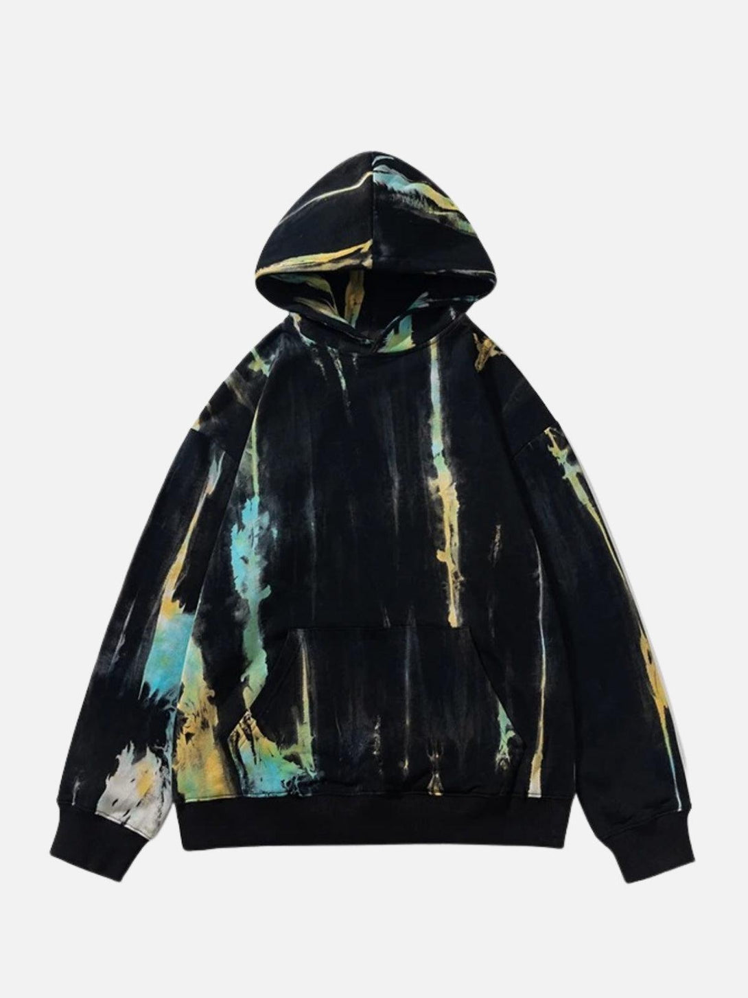 Front view of a colorful graffiti hoodie by TALISHKO, showcasing vibrant, artistic patterns.