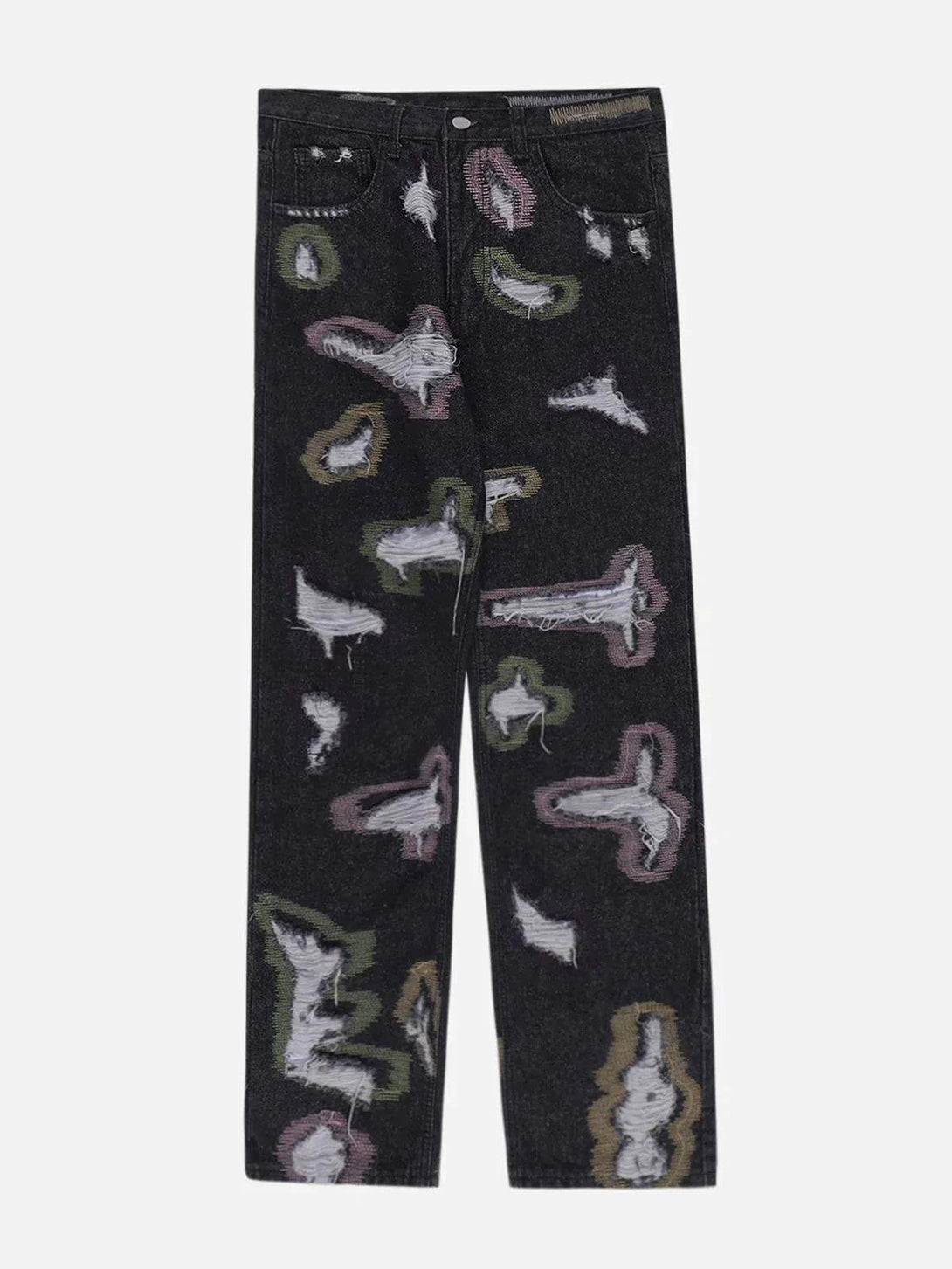 Front view of TALISHKO black jeans with colorful abstract patterns and distressed detailing.