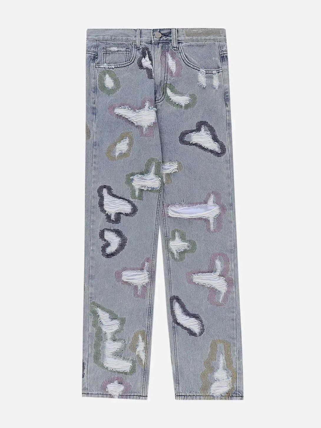 Front view of blue TALISHKO jeans with colorful abstract patterns and distressed details.