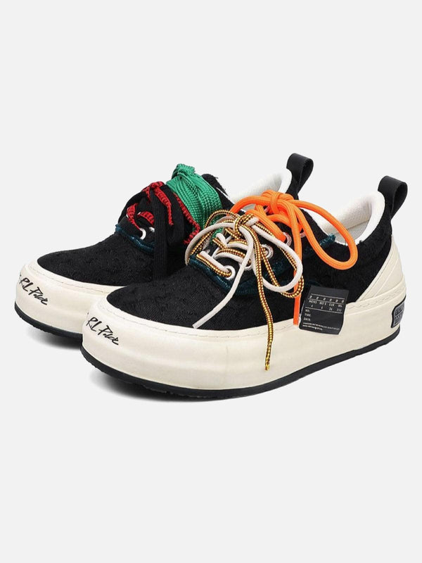 TALISHKO black sneakers with colorful laces, front view showcasing vibrant street style.