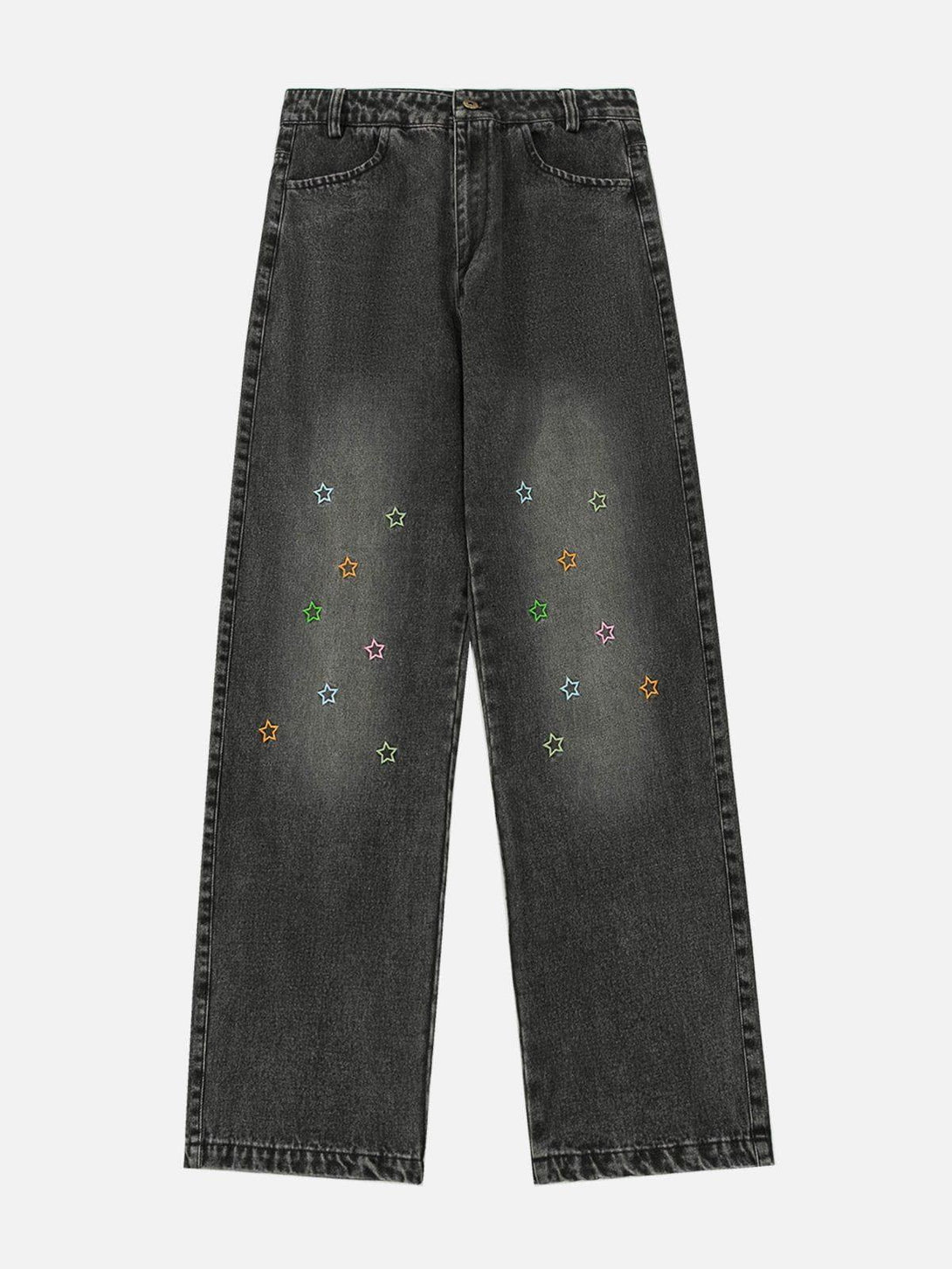 Front view of black jeans with colorful star embroidery, a unique piece by TALISHKO.