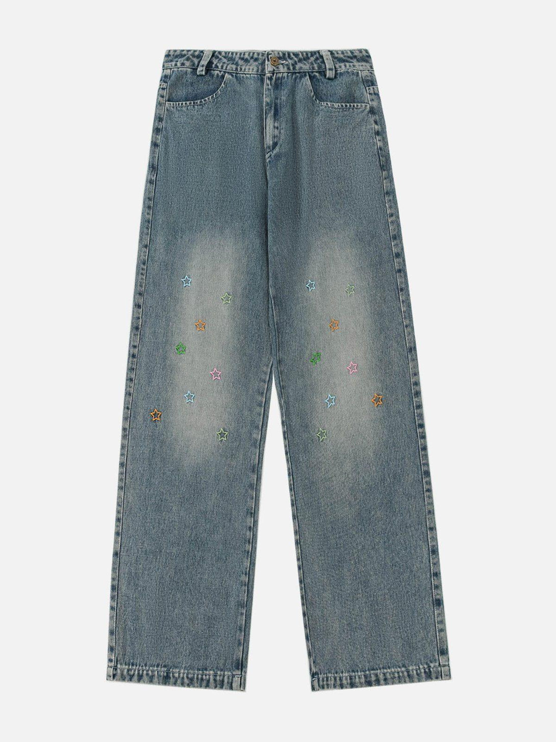 Front view of blue jeans with colorful star embroidery by TALISHKO, perfect for casual style.