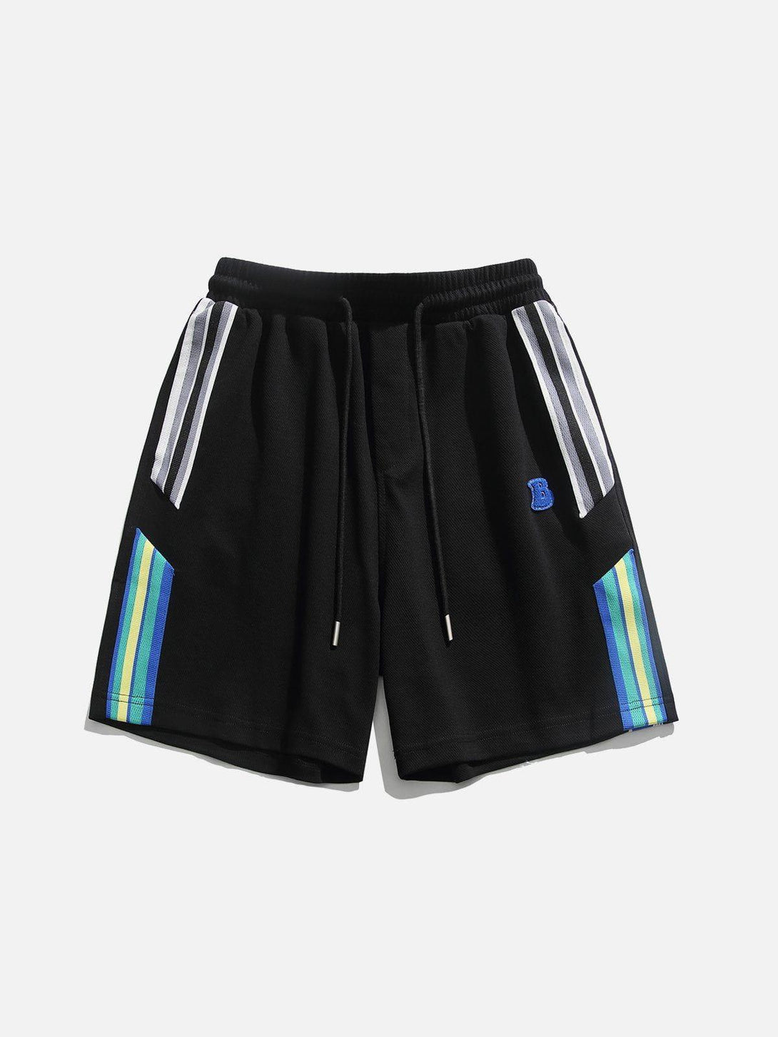 Black shorts with vibrant stripes by TALISHKO, front view highlighting casual summer vibes.