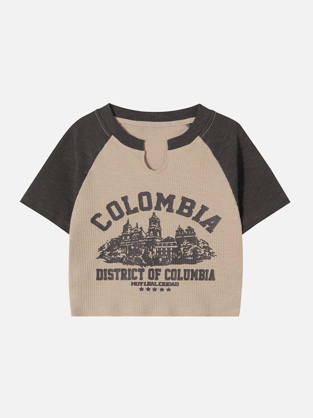 Front view of TALISHKO's apricot cropped tee featuring a castle print and contrast sleeves.