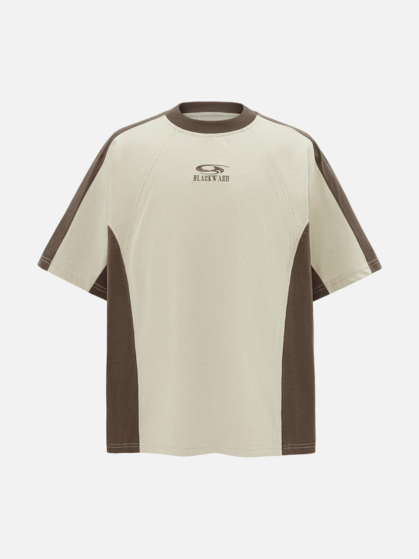 Front view of a TALISHKO apricot and brown contrast short sleeve T-shirt, perfect for warm days.