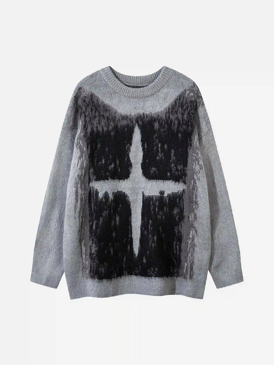 Front view of a TALISHKO gray sweater with a bold black and white cross pattern.