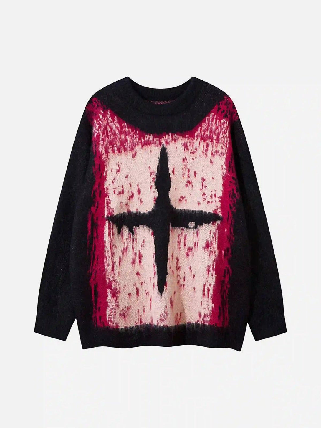 Front view of a TALISHKO sweater with an abstract cross design in pink and black.
