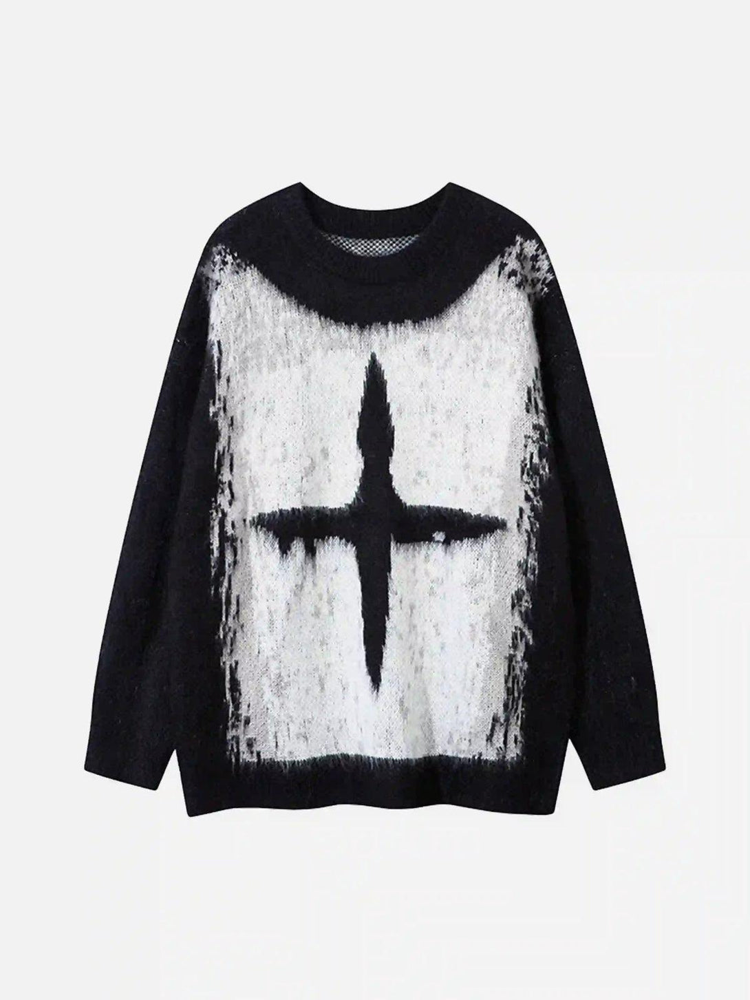 Front view of a TALISHKO sweater featuring a bold cross design in white and black contrast.