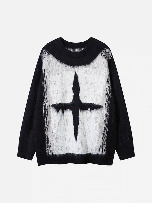 Front view of a TALISHKO sweater featuring a bold cross design in white and black contrast.