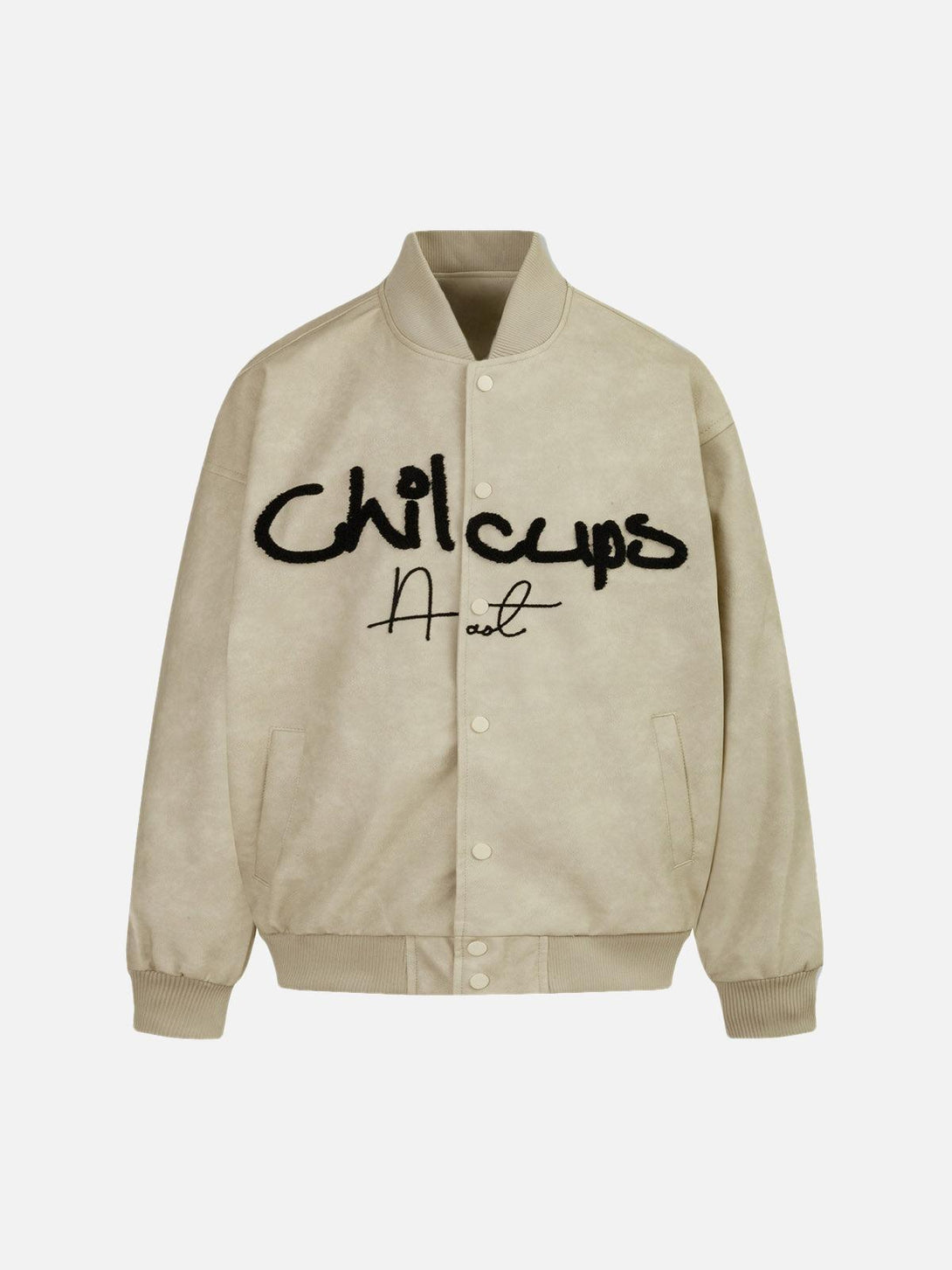 Beige bomber jacket with bold embroidery by TALISHKO, front view showcasing street style.