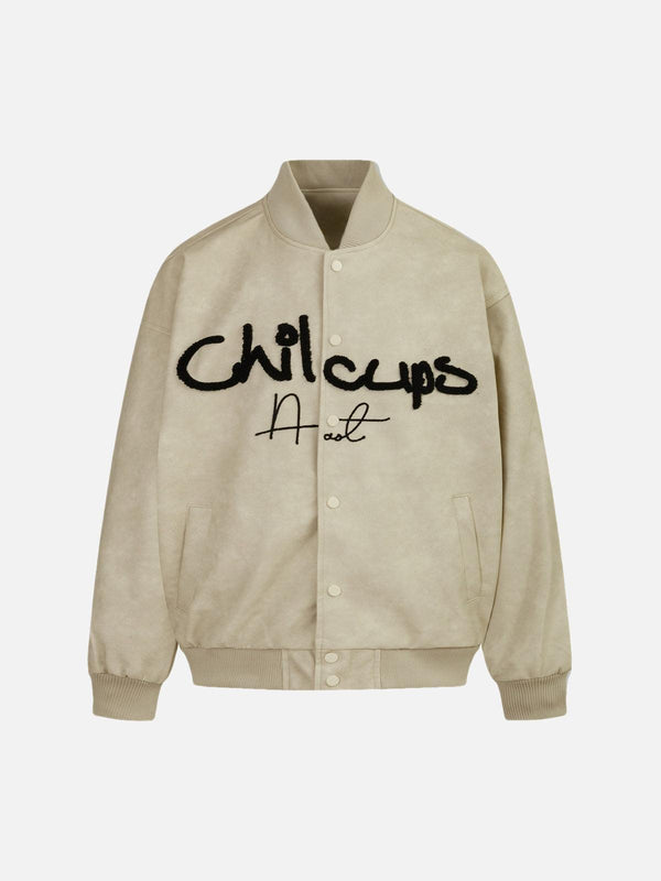 Beige bomber jacket with bold embroidery by TALISHKO, front view showcasing street style.