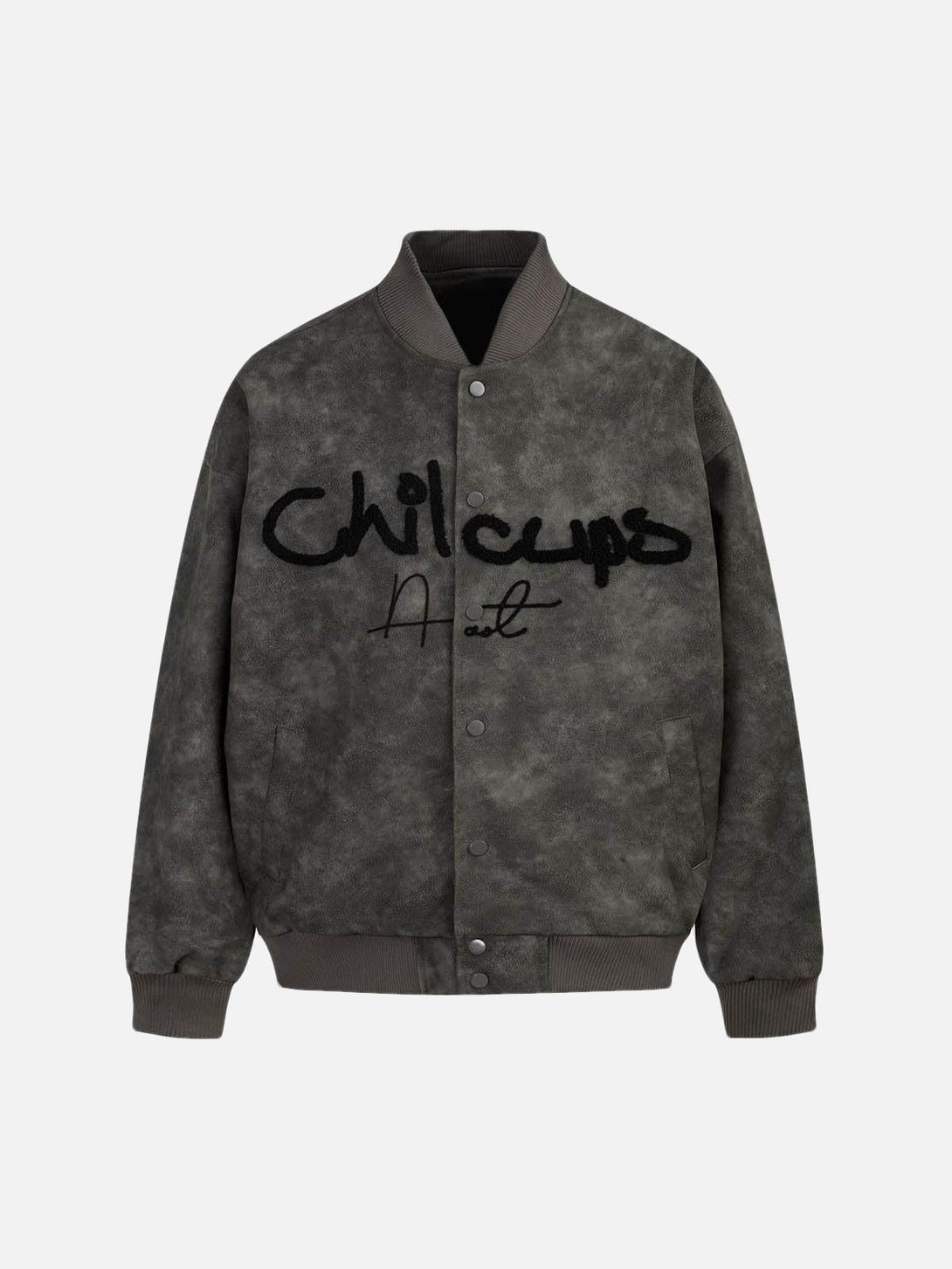 Front view of black bomber jacket with bold embroidery, capturing urban style by TALISHKO.