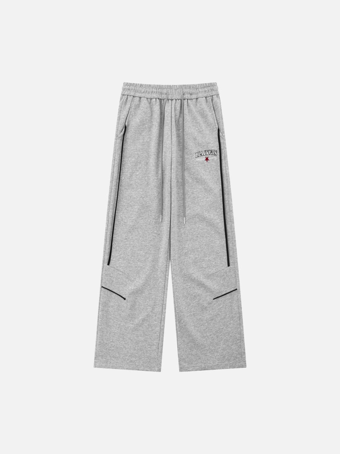 Front view of gray loose sweatpants with contrast details by TALISHKO, ideal for casual wear.