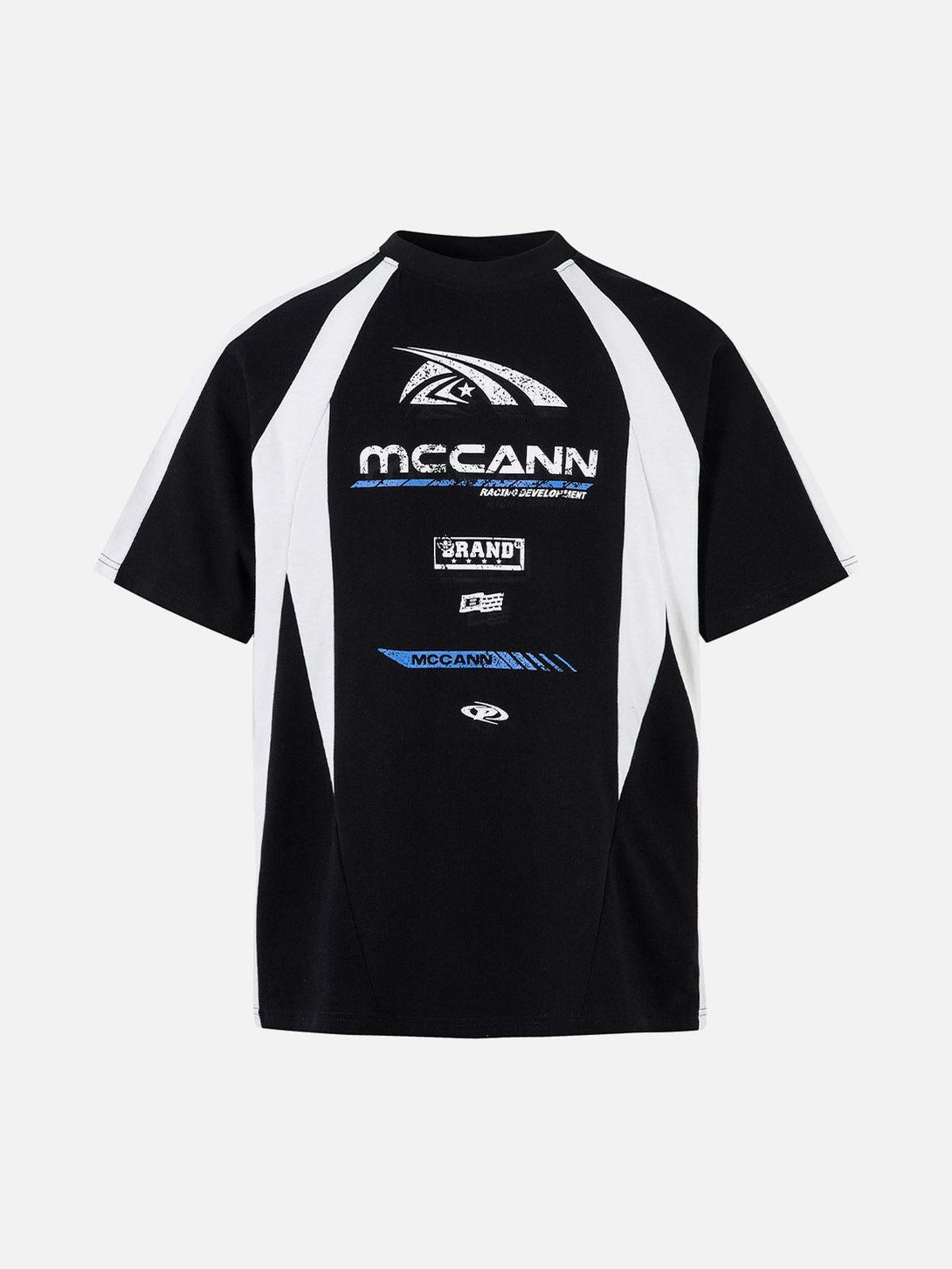 Front view of a black contrast color motorcycle print T-shirt by TALISHKO, perfect for casual wear.