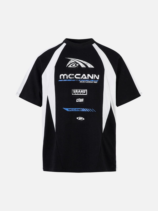 Front view of a black contrast color motorcycle print T-shirt by TALISHKO, perfect for casual wear.