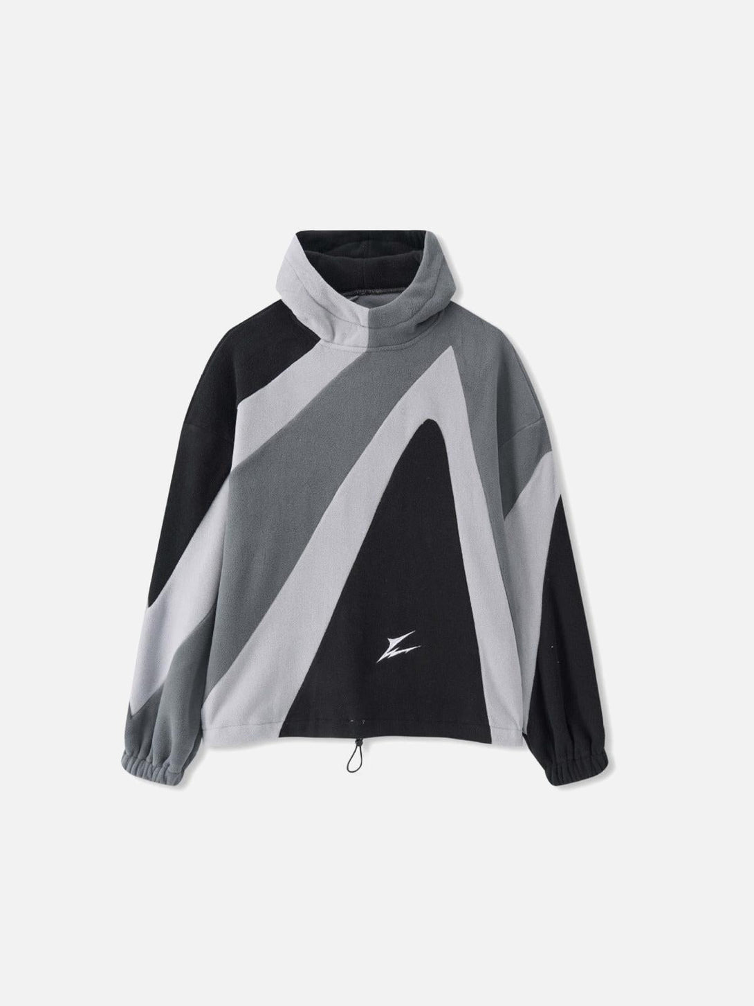 Front view of TALISHKO's black contrast panel hoodie, showcasing a bold geometric design.