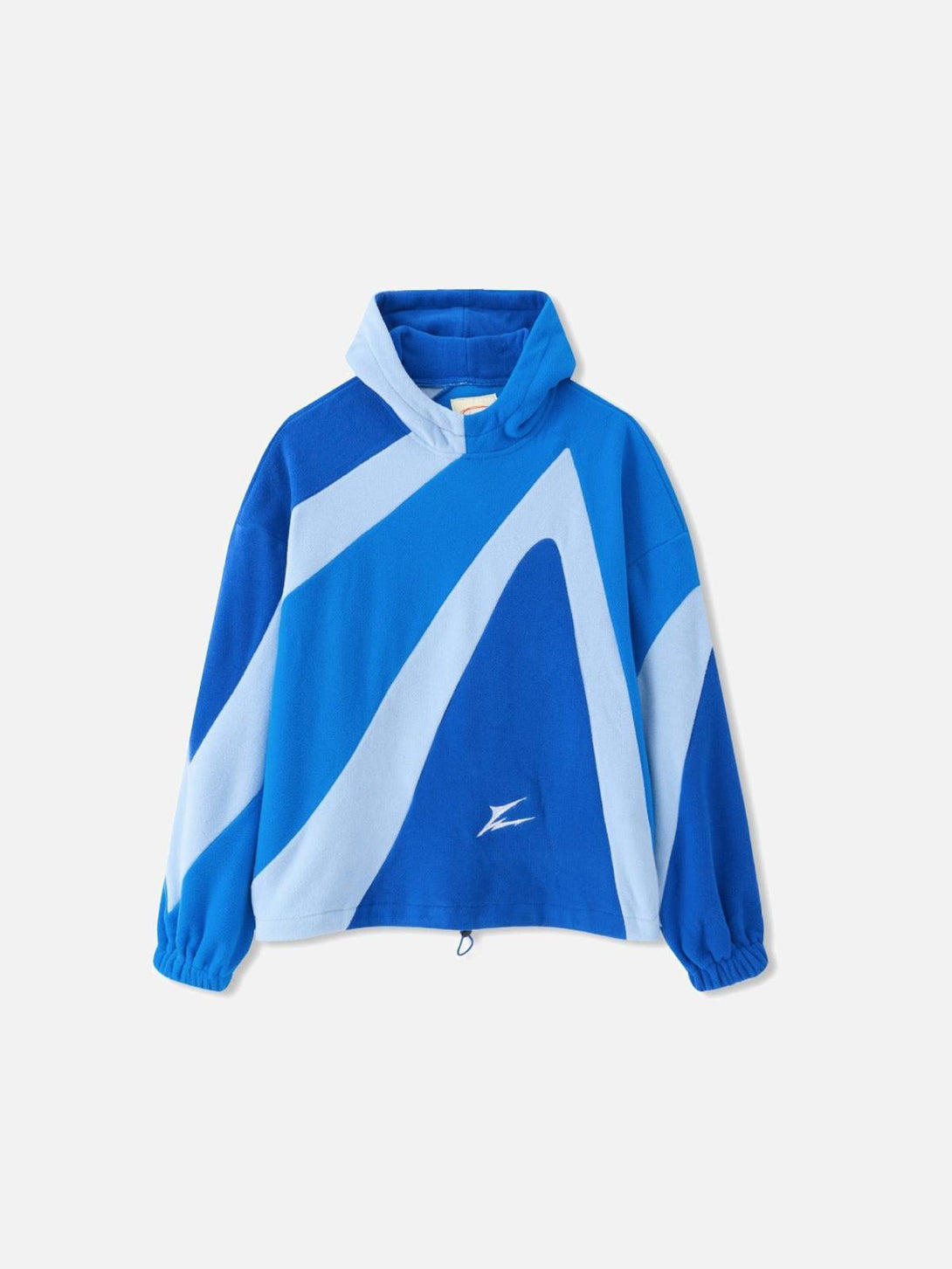 Front view of a blue contrast color hoodie by TALISHKO, featuring bold panel design.