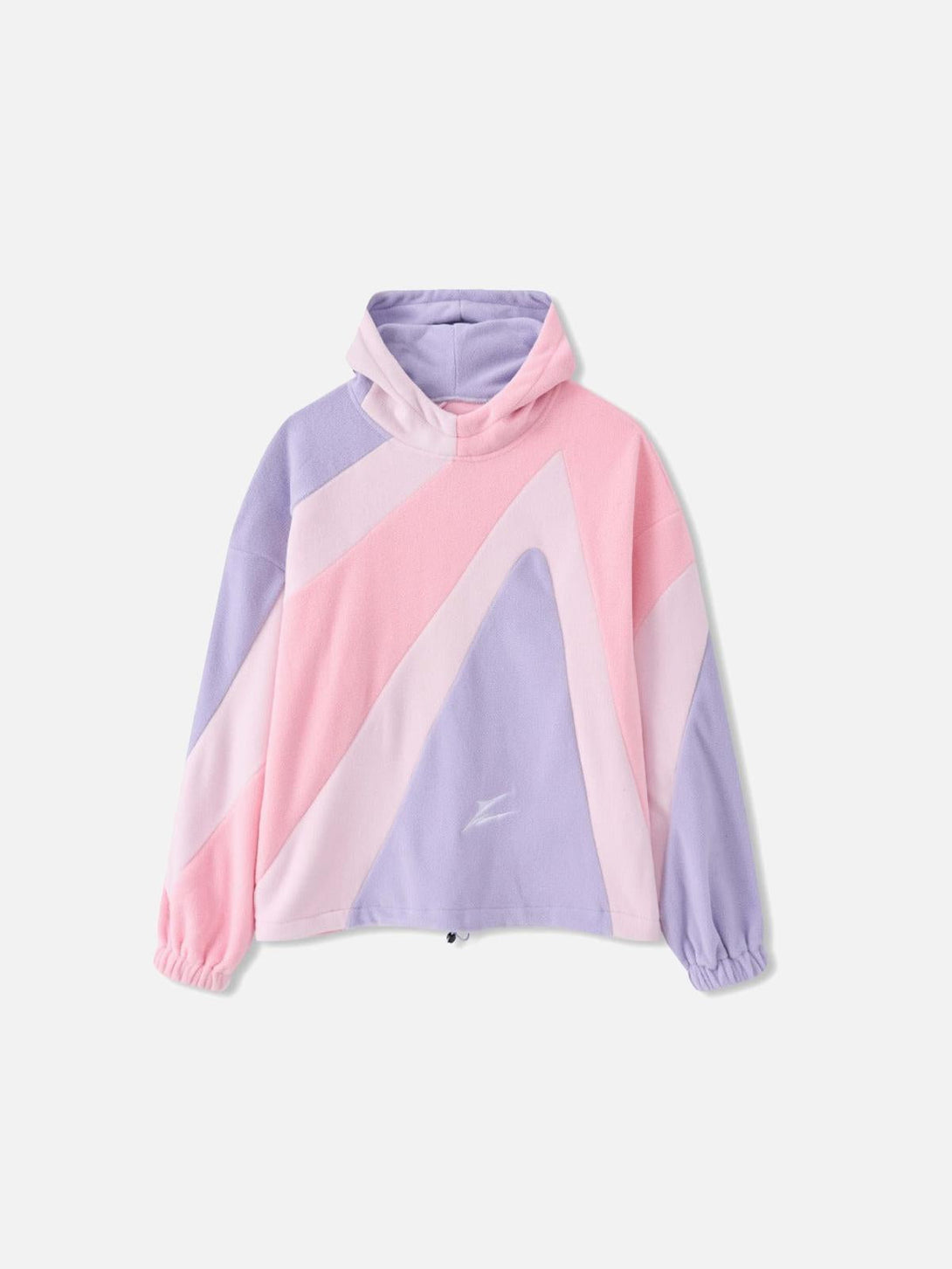 Front view of TALISHKO's pastel contrast panel hoodie, featuring a vibrant geometric design.