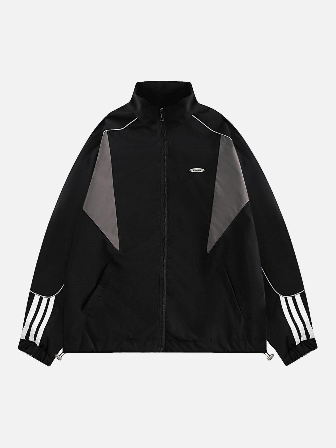 Front view of a black track jacket with contrast patchwork, featuring white stripes by TALISHKO.
