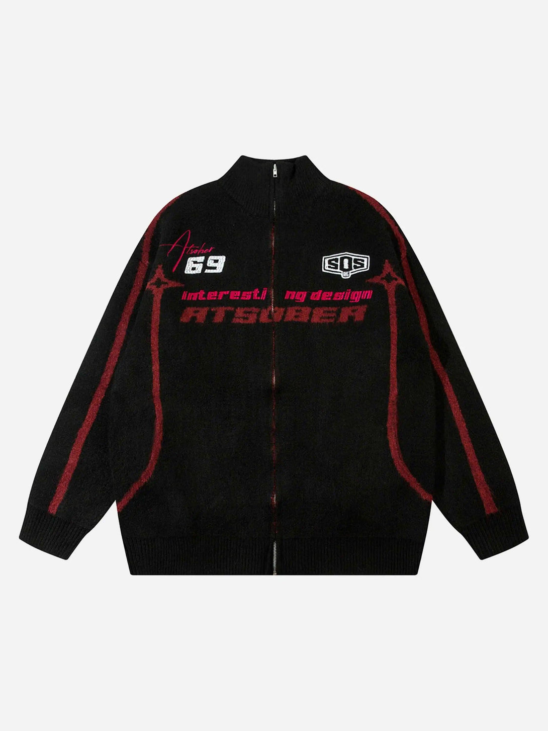 Front view of a black racing-themed zip-up cardigan by TALISHKO with bold red graphics.