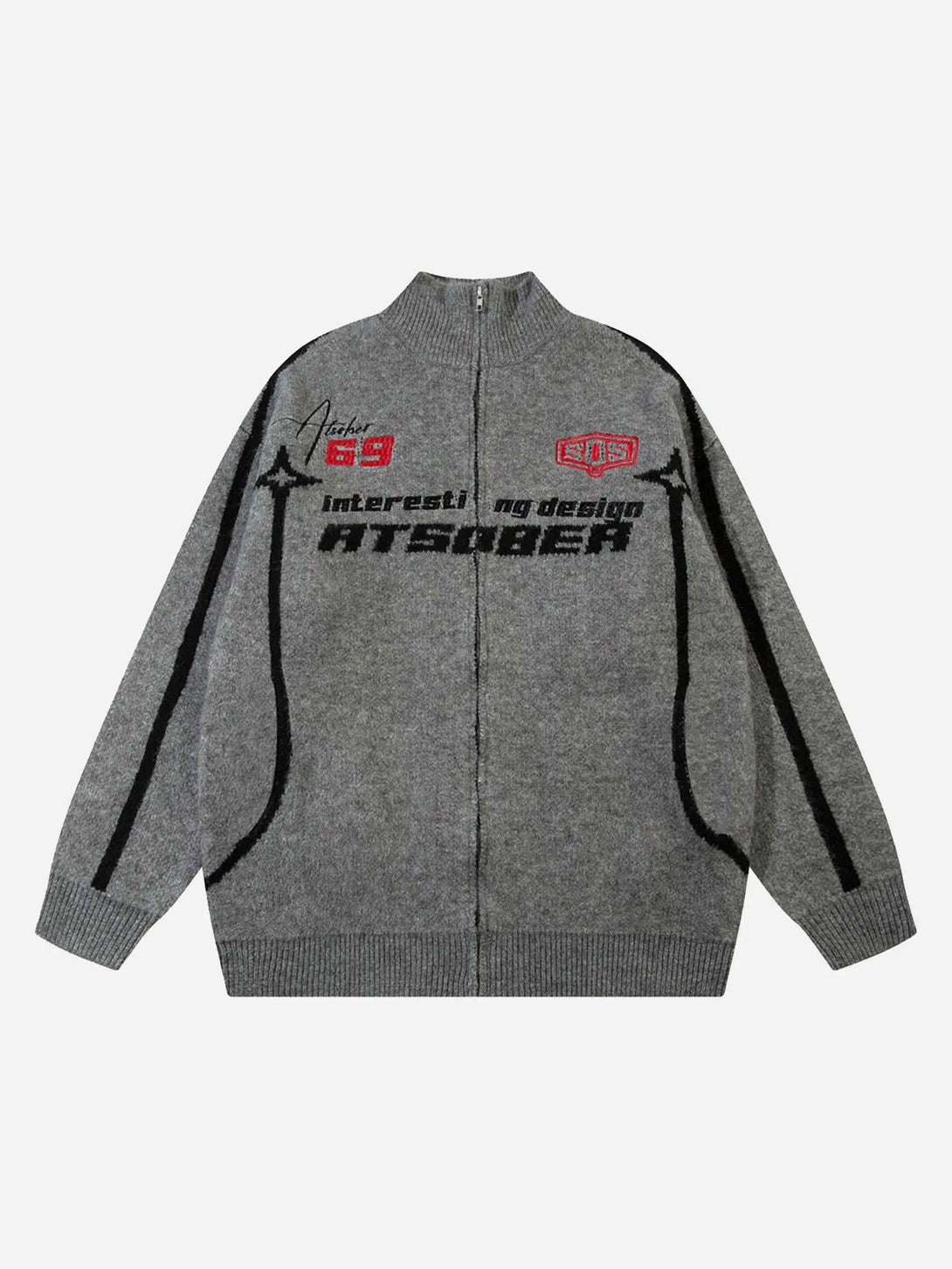 Gray zip-up cardigan by TALISHKO featuring bold racing-inspired graphics on the front.