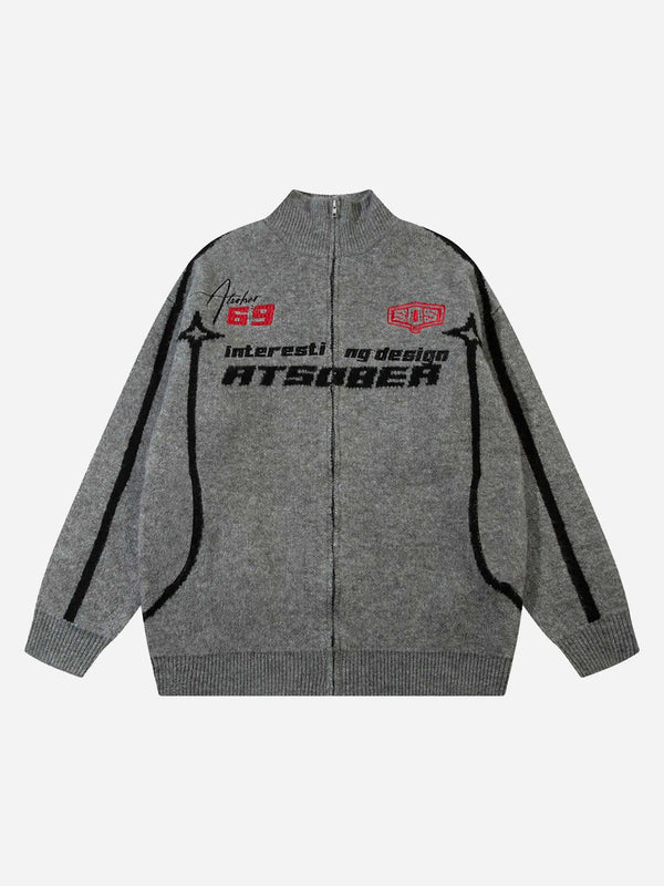 Gray zip-up cardigan by TALISHKO featuring bold racing-inspired graphics on the front.