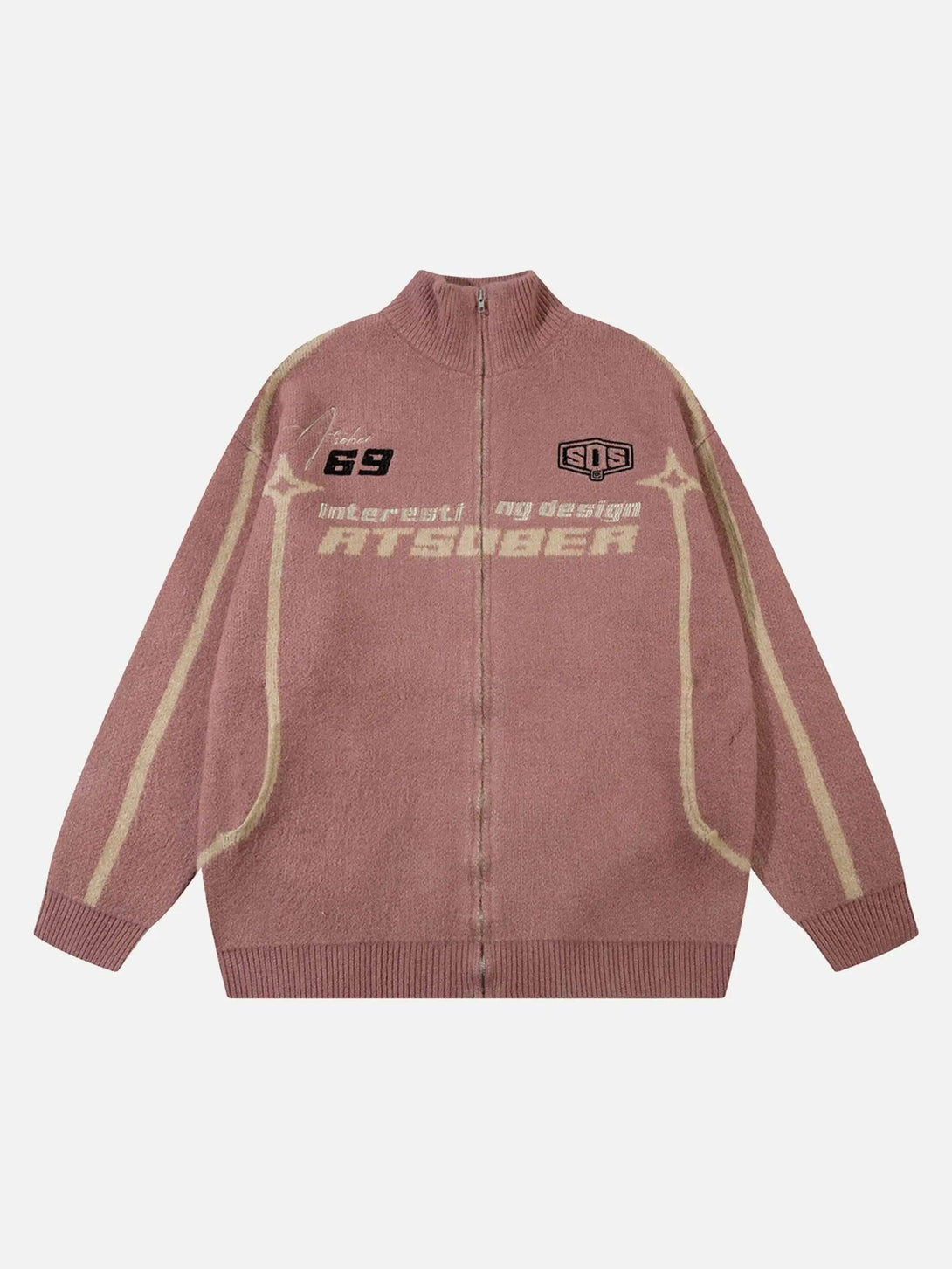Front view of a pink zip-up cardigan by TALISHKO, featuring bold, racing-inspired graphics.