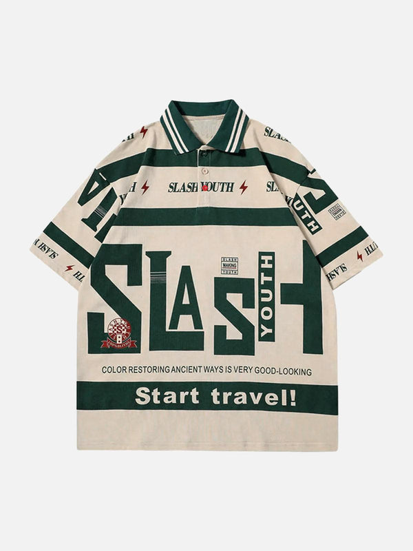 Front view of khaki contrast color polo shirt by TALISHKO, featuring bold graphic design.