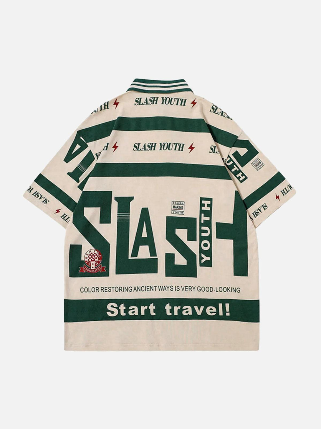 Back view of khaki contrast polo shirt by TALISHKO, showcasing bold graphic prints.