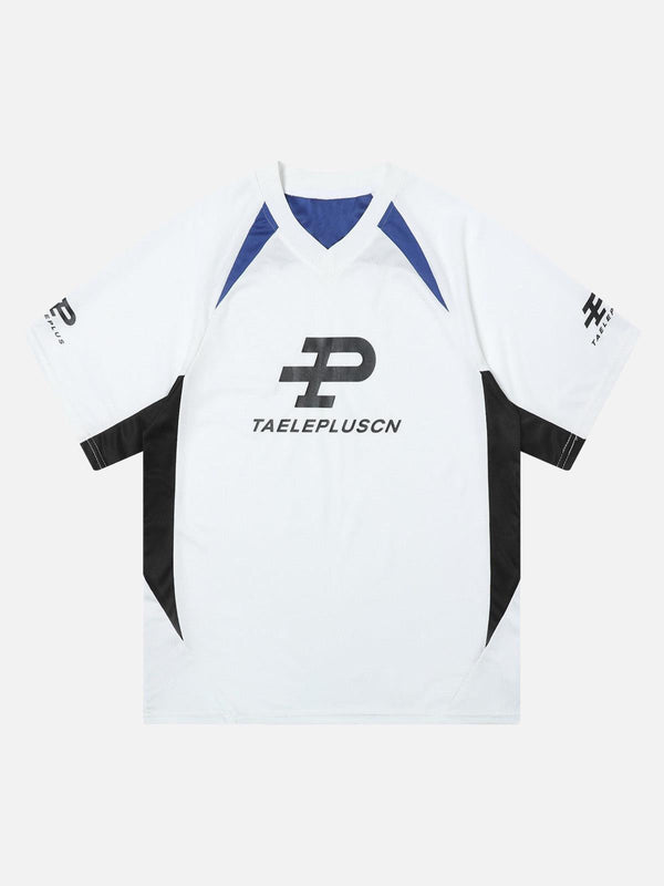 Front view of a sporty V-neck jersey T-shirt by TALISHKO in white with contrast colors.