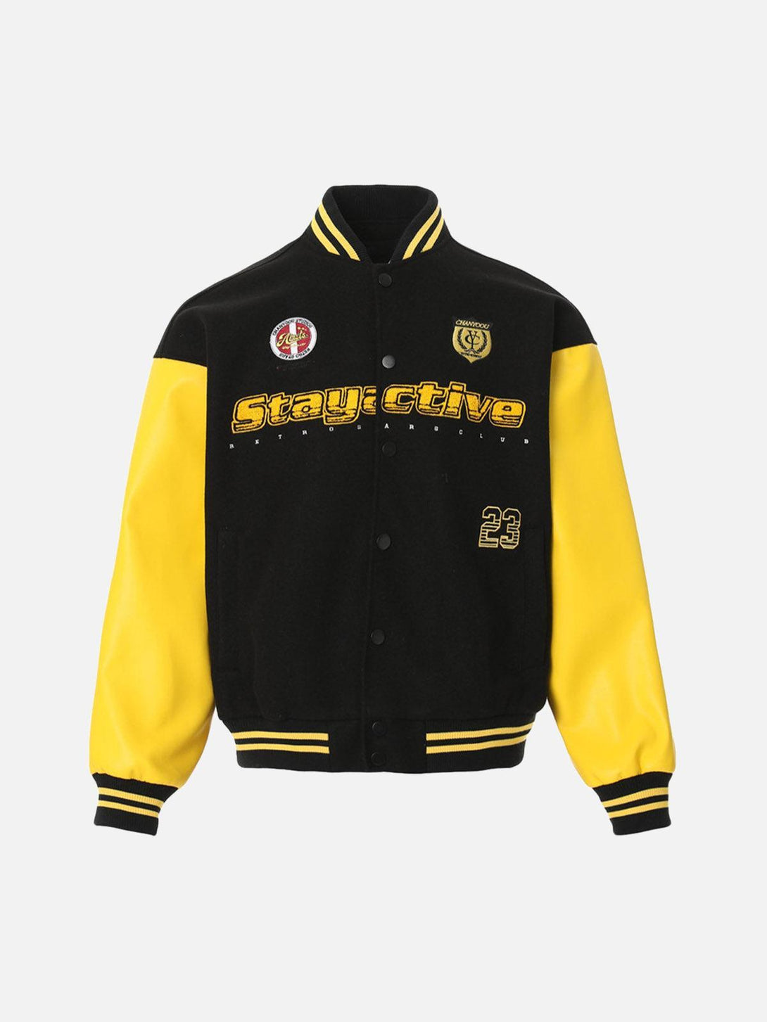 Front view of a black and yellow bomber jacket by TALISHKO featuring bold embroidery.