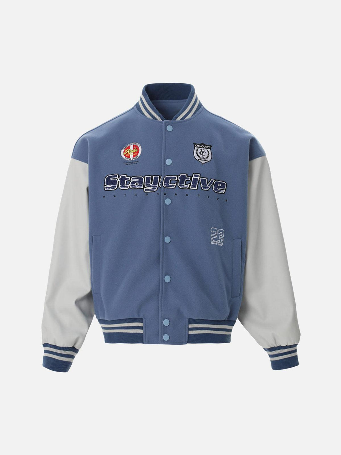 Front view of a blue bomber jacket by TALISHKO with bold embroidery and contrast sleeves.