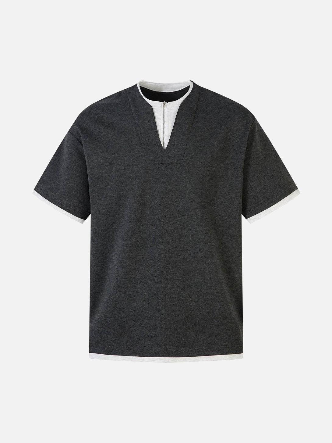 Front view of a black faux two-piece T-shirt with contrast stitching, designed by TALISHKO.