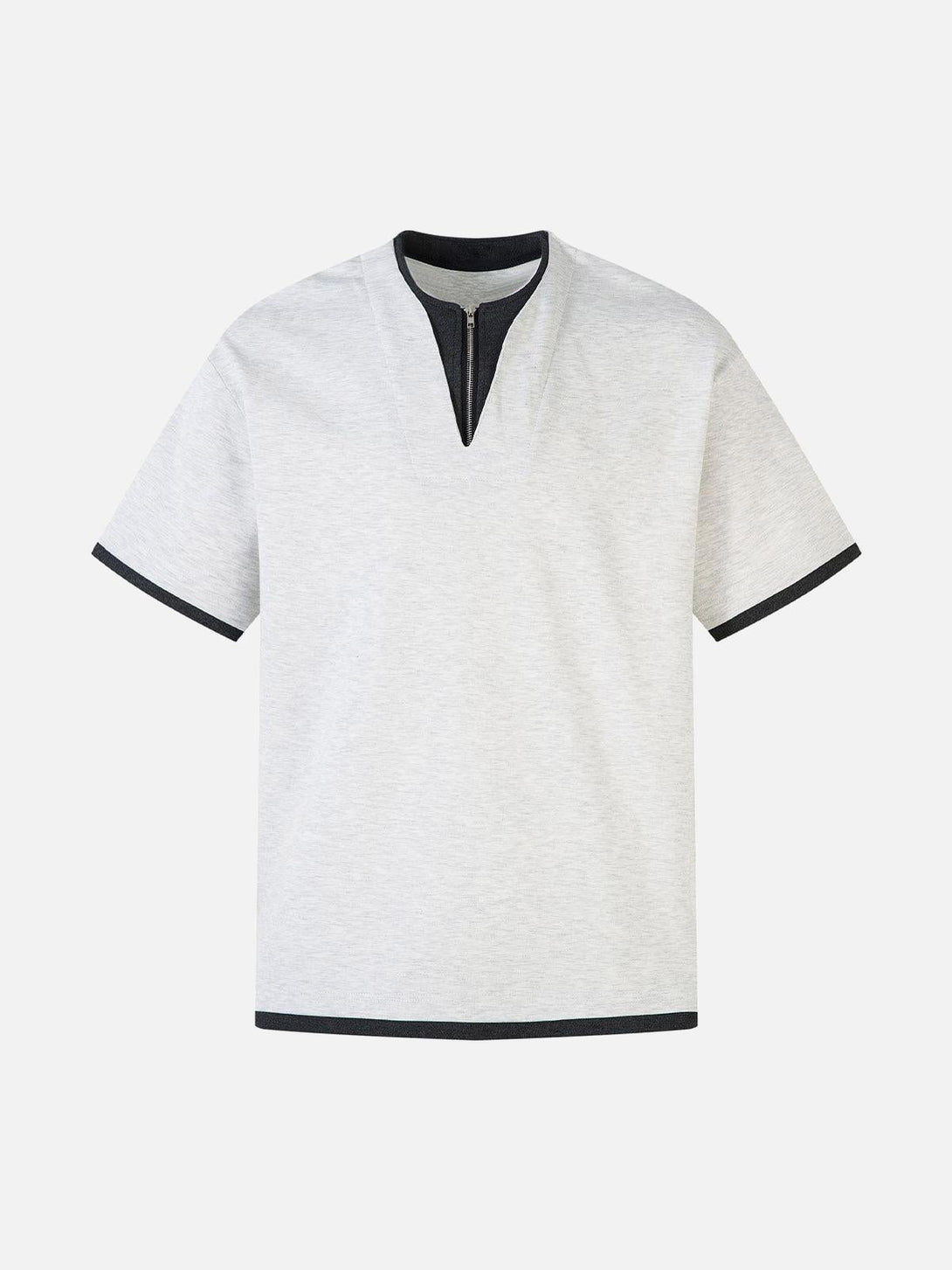 Front view of a white faux two-piece T-shirt with contrast stitching by TALISHKO.
