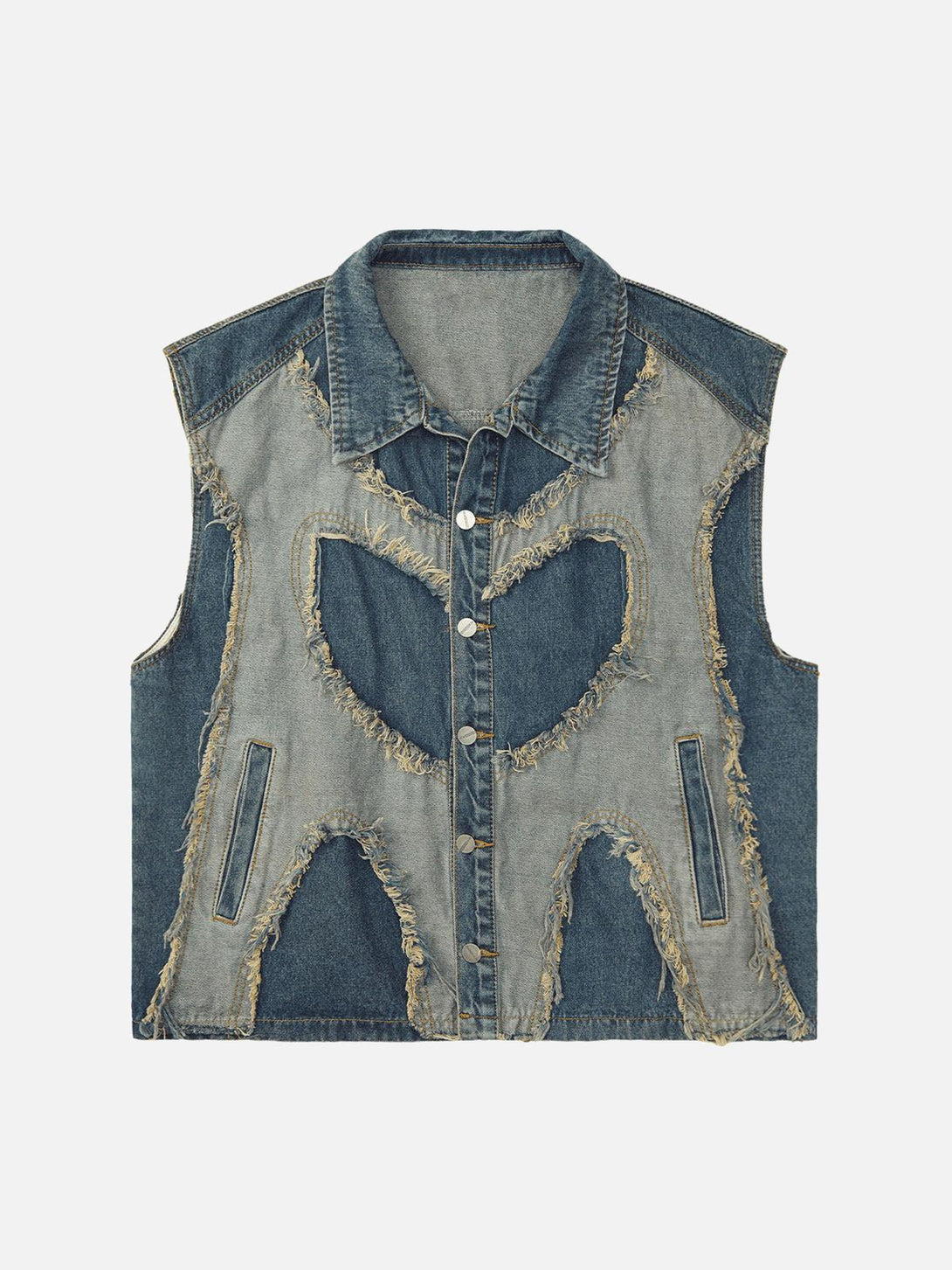 Front view of a TALISHKO denim vest in light blue, featuring heart stitching and frayed details.